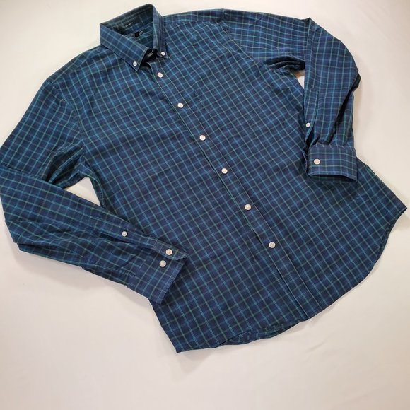 Banana Republic Shirt Men Medium Navy Plaid Slim Flex Fit Stretch Button Down - Picture 5 of 14